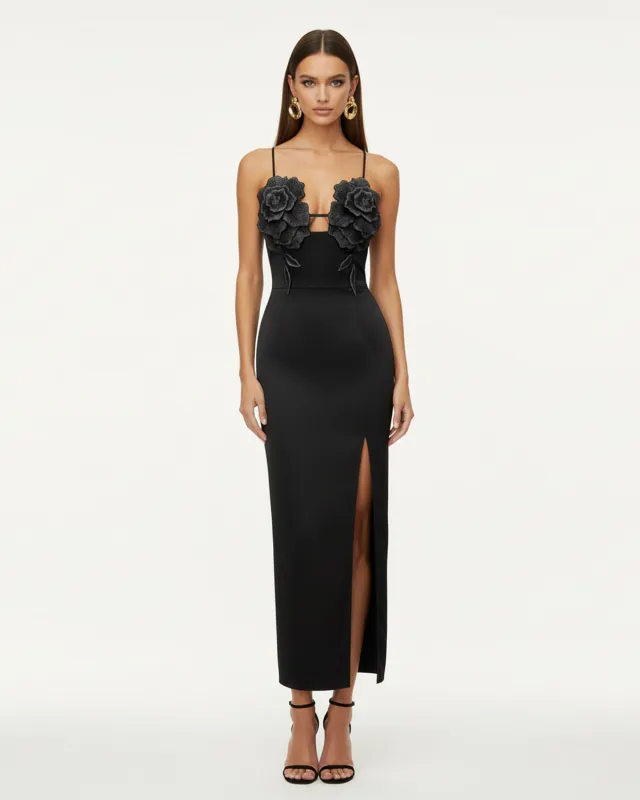 3D Floral Strappy Maxi Dress - Black sold by JW PEI