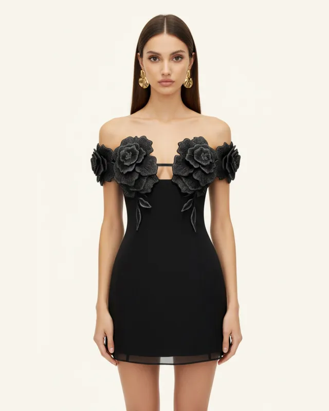 3D Floral Off-Shoulder Mini Dress - Black sold by JW PEI