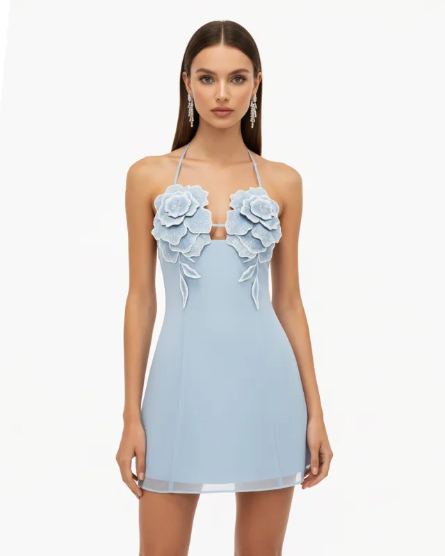 Flower Embroidered Mini Dress - Blue sold by JW PEI