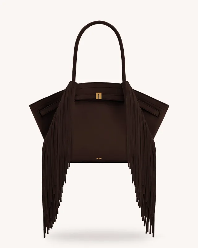 Hana Medium Faux Suede Fringe Tote Bag - Dark Brown sold by JW PEI