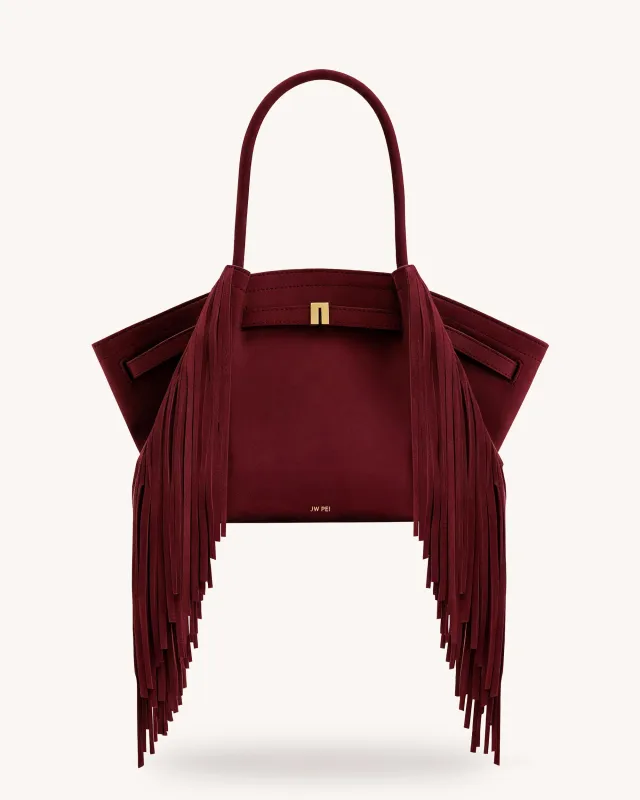 Hana Medium Faux Suede Fringe Tote Bag - Burgundy sold by JW PEI