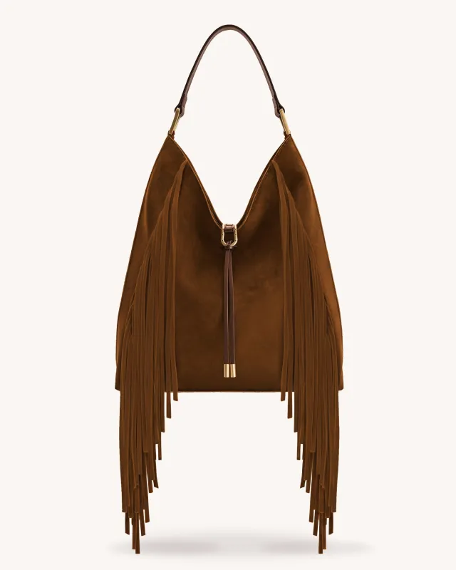 Aria Faux Suede Fringe Shoulder Bag - Brown sold by JW PEI