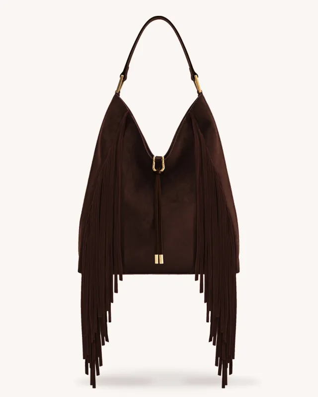 Aria Faux Suede Fringe Shoulder Bag - Dark Brown sold by JW PEI