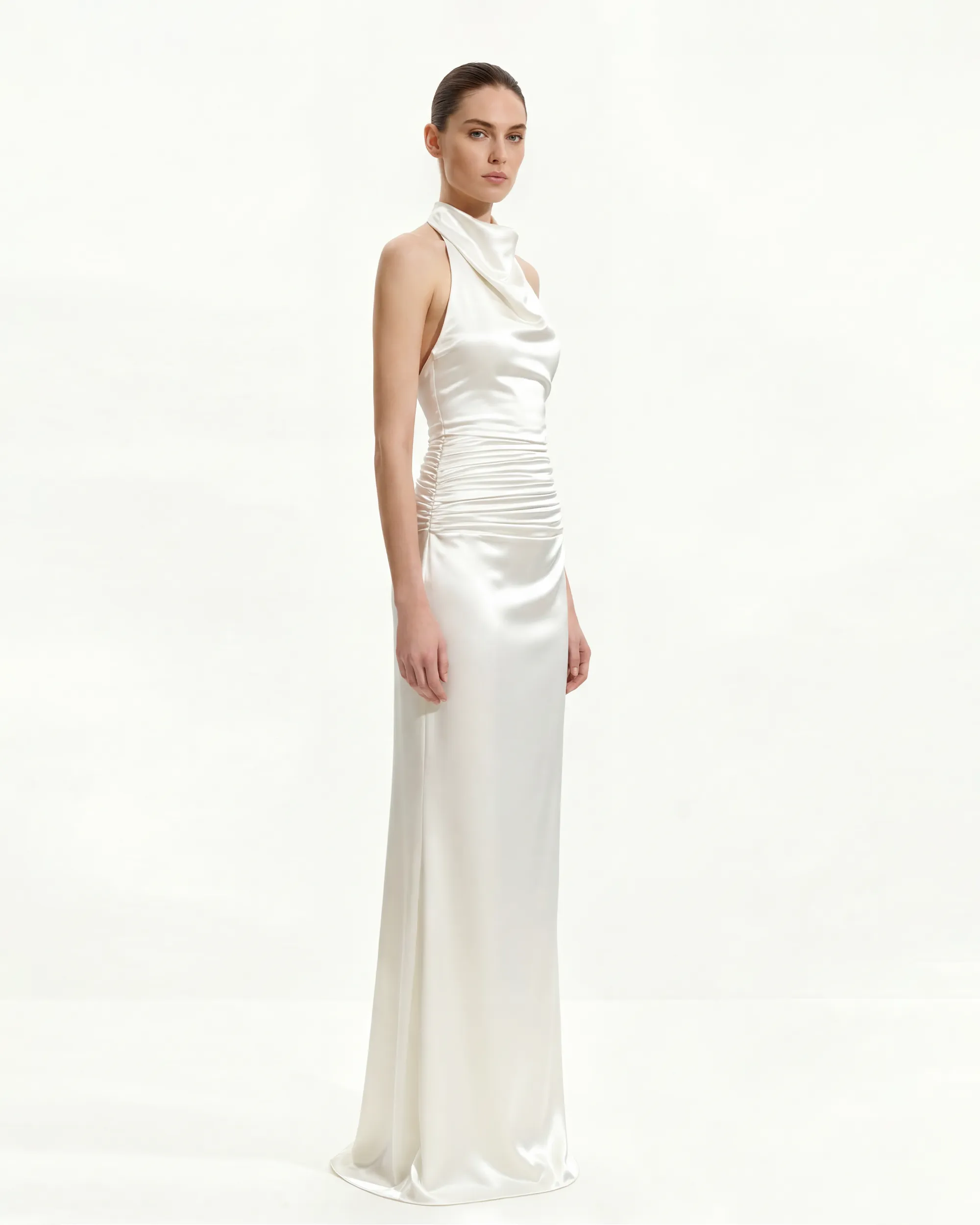 Satin Cowl Neck Ruched Maxi Gown - White sold by JW PEI product image thumbnail 2