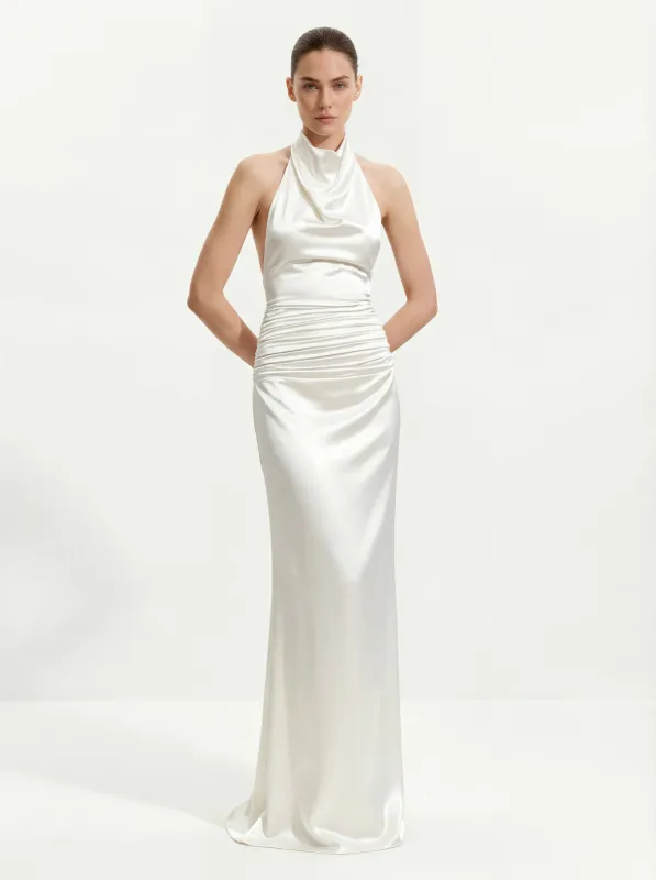 Satin Cowl Neck Ruched Maxi Gown - White sold by JW PEI