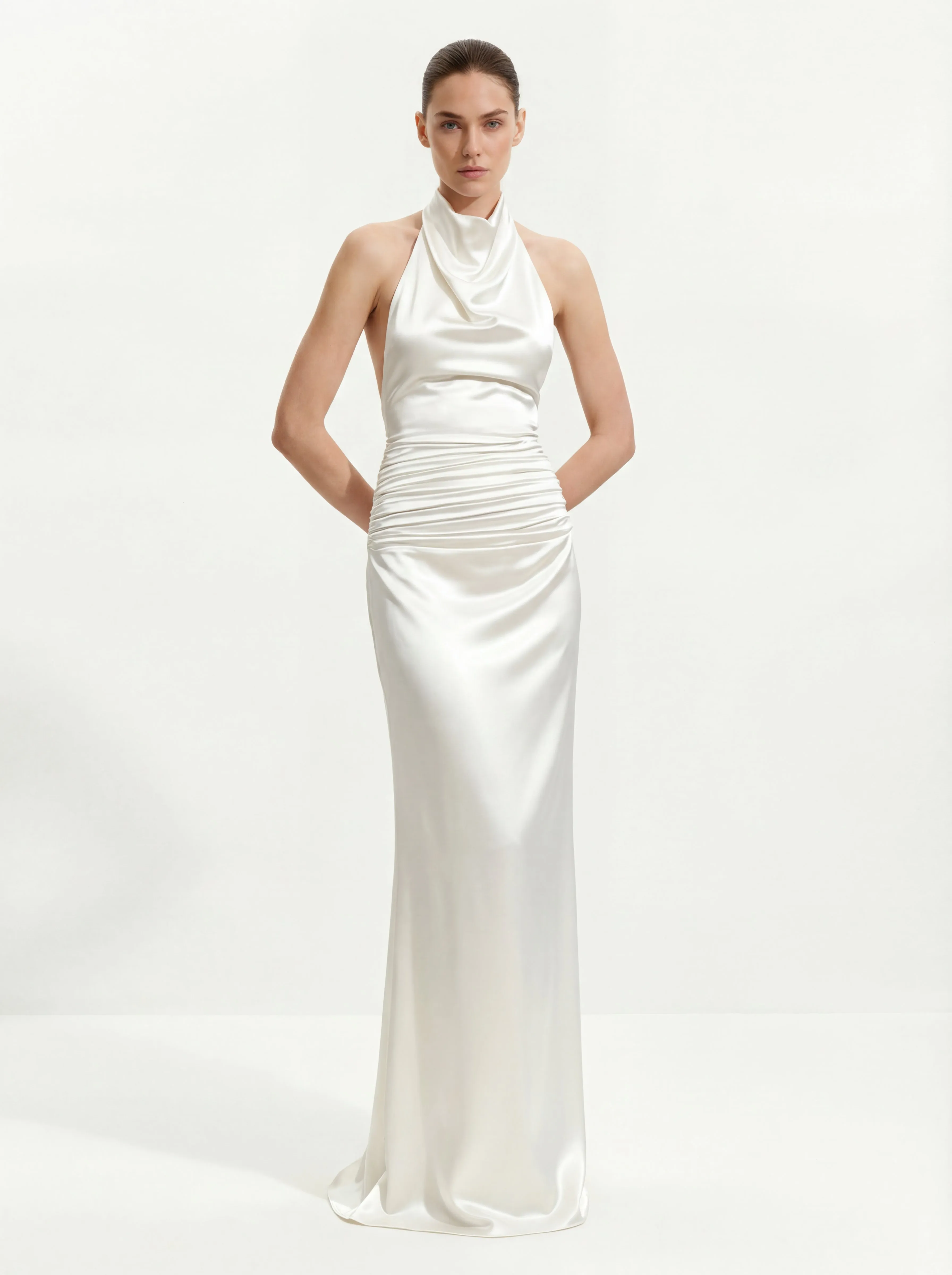 Satin Cowl Neck Ruched Maxi Gown - White sold by JW PEI