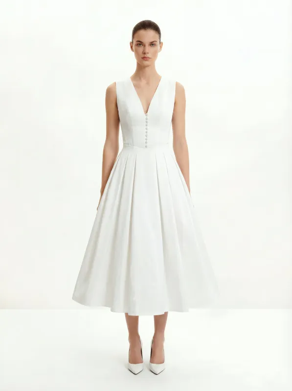 Front V-Neck Pleated Midi Dress - White sold by JW PEI
