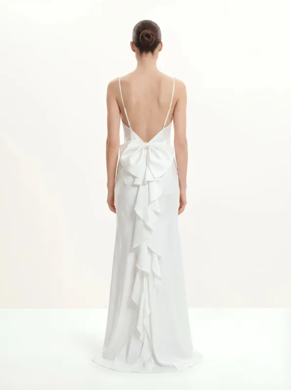 Satin Cowl-Neck Bow-Back Maxi Dress - White sold by JW PEI