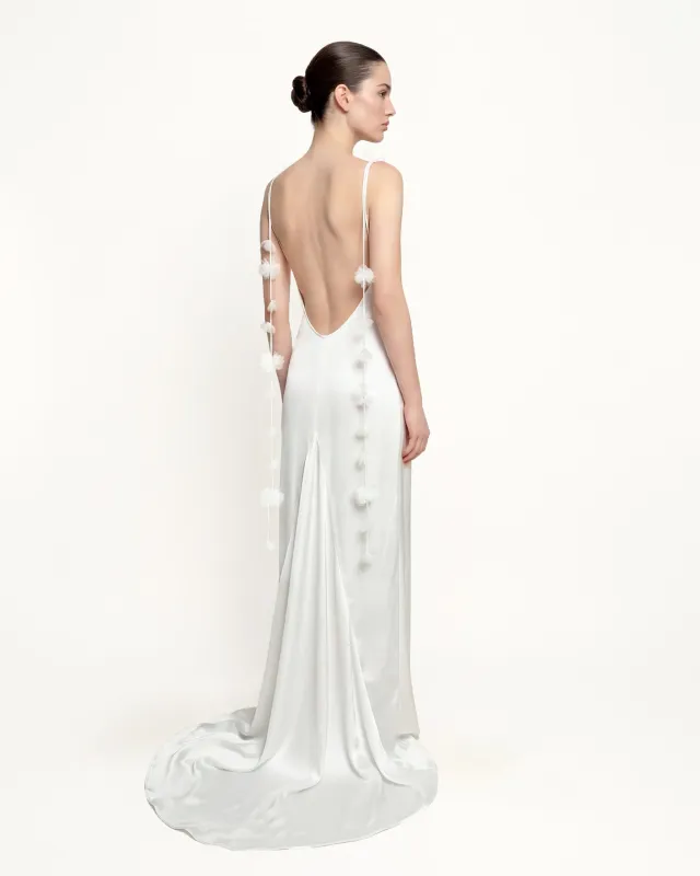 Satin Strappy Maxi Dress with Floral Streamers - White sold by JW PEI