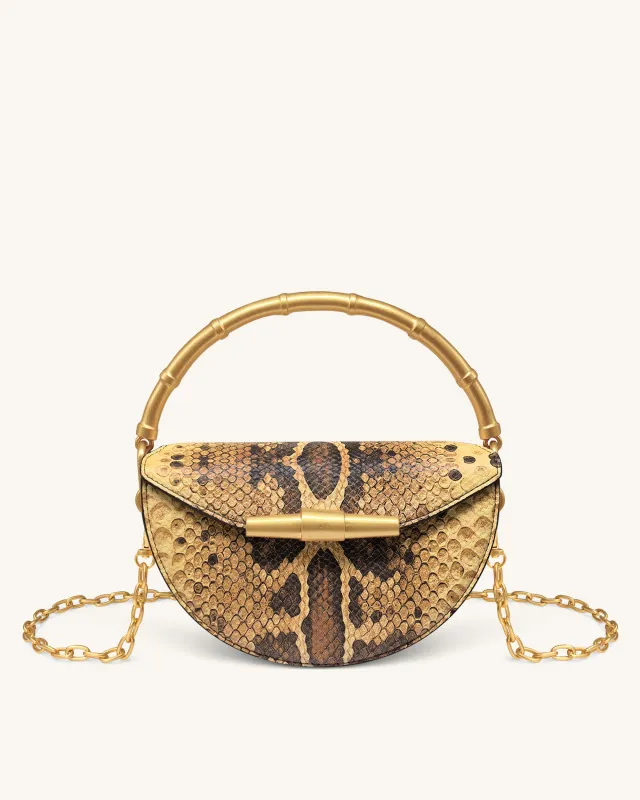 Sylvie Snake Print Half-Moon Top Handle Bag - Yellowish Brown sold by JW PEI