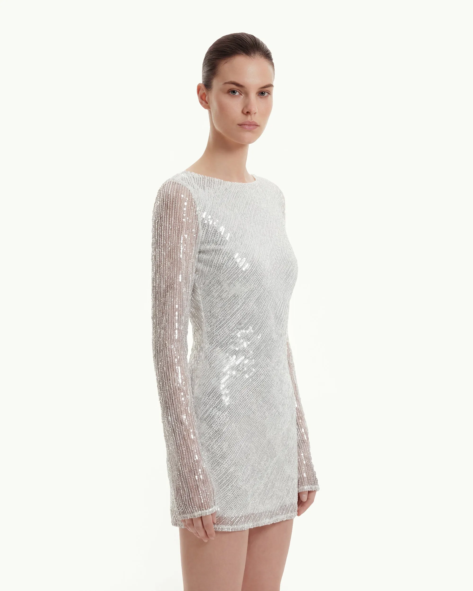 Diagonal Sequin Open-Back Long Sleeve Mini Dress - White sold by JW PEI product image thumbnail 4