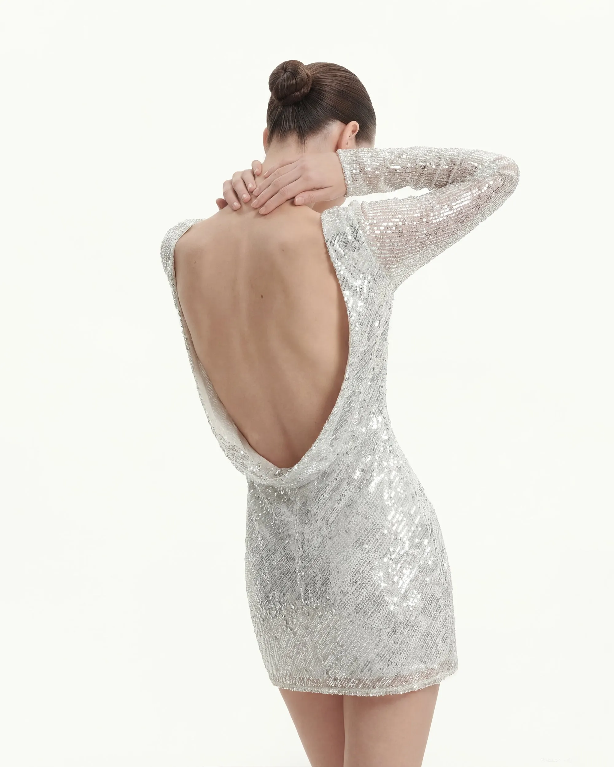 Diagonal Sequin Open-Back Long Sleeve Mini Dress - White sold by JW PEI