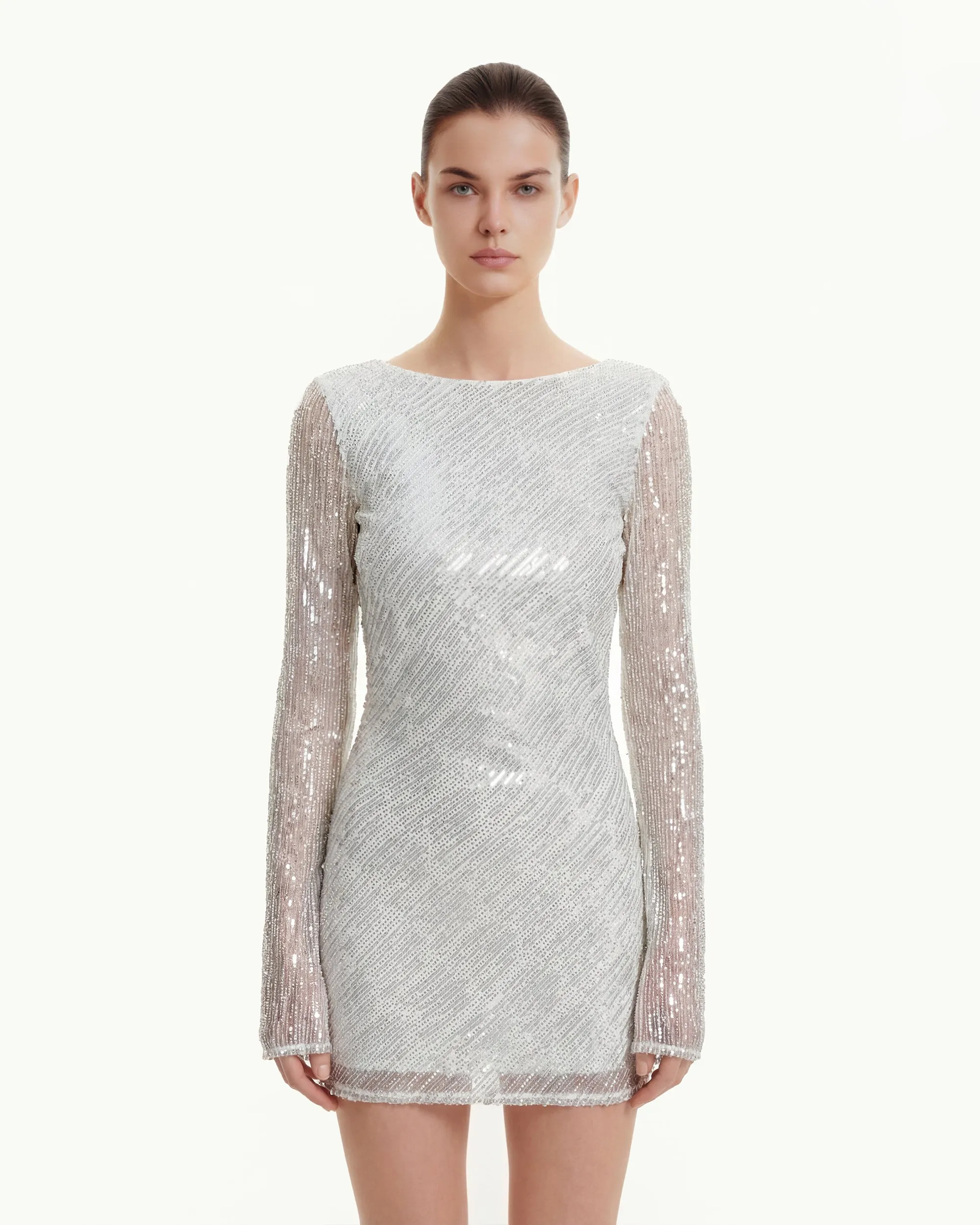 Diagonal Sequin Open-Back Long Sleeve Mini Dress - White sold by JW PEI product image thumbnail 2