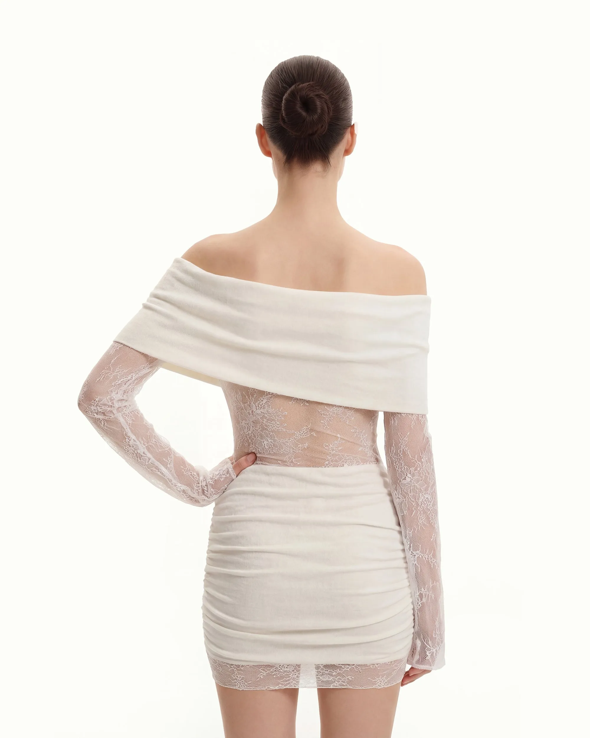 Off-Shoulder Ruched Mini Dress with Lace Sleeves - White sold by JW PEI product image thumbnail 3