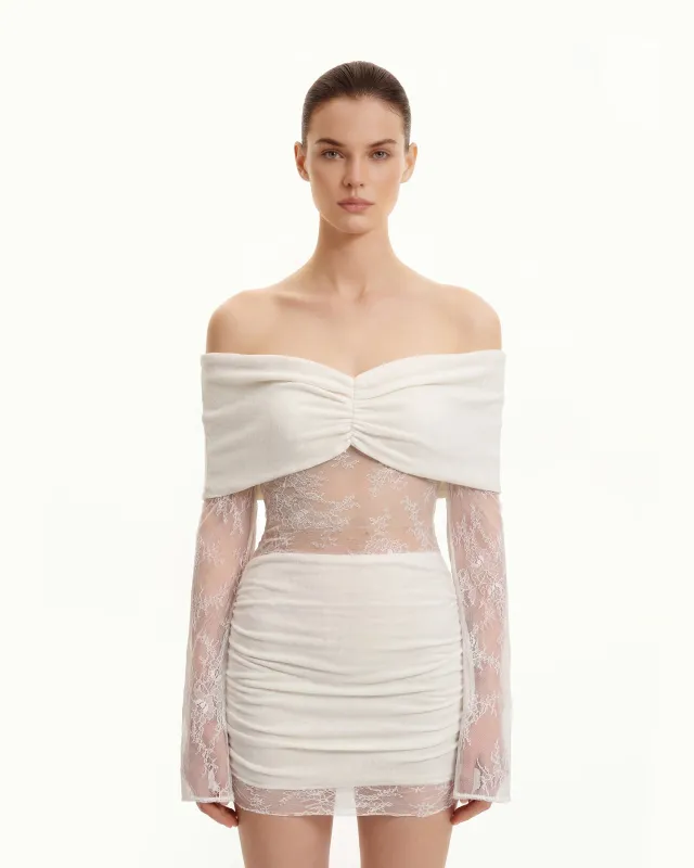 Off-Shoulder Ruched Mini Dress with Lace Sleeves - White sold by JW PEI