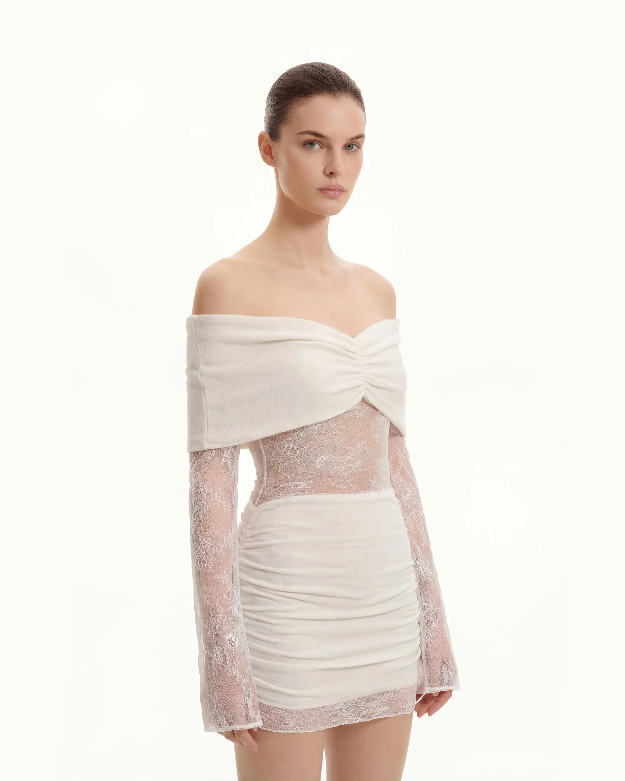 Off-Shoulder Ruched Mini Dress with Lace Sleeves - White sold by JW PEI product image thumbnail 2