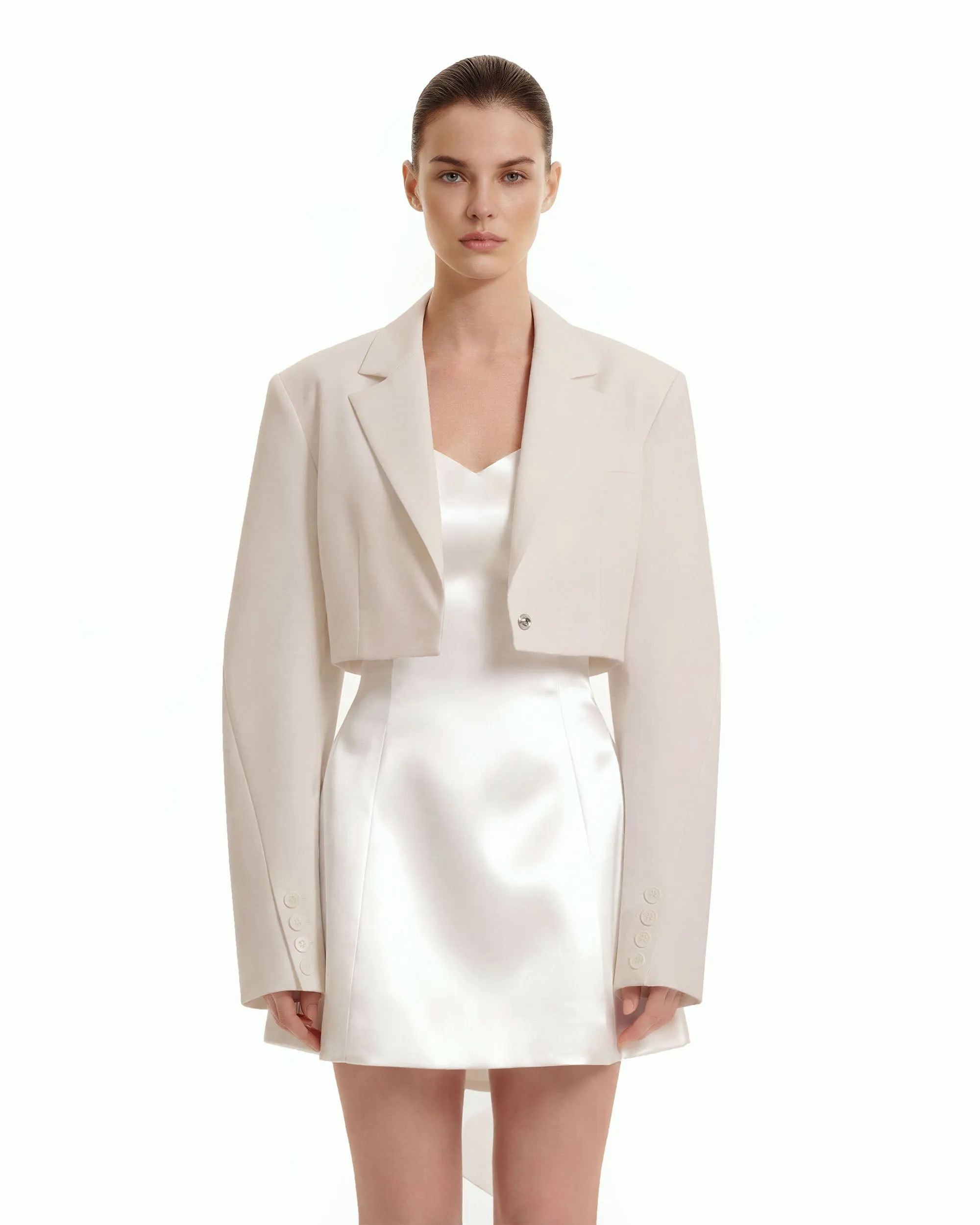 Structured Power-Shoulder Cropped Blazer - Beige sold by JW PEI