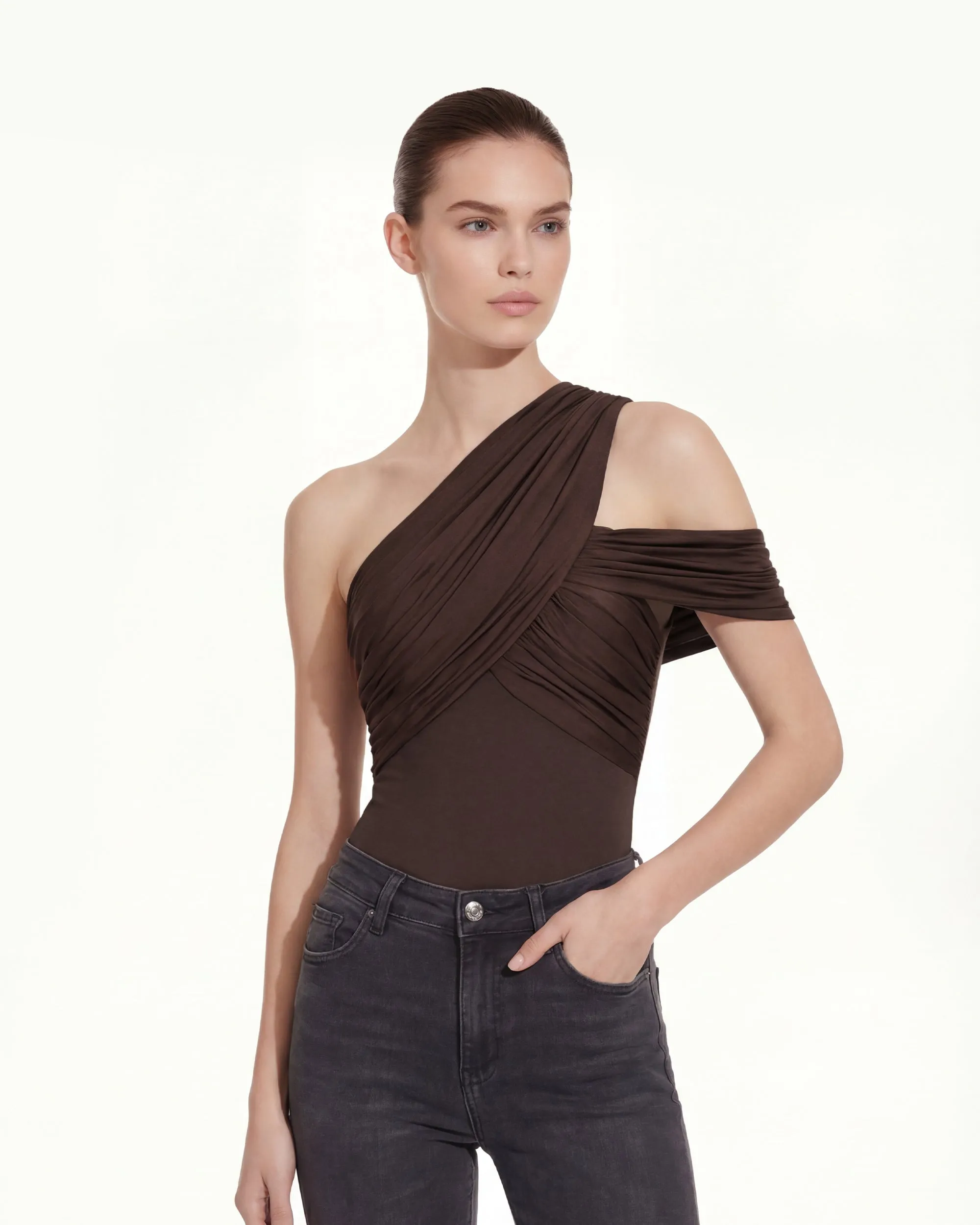Ruched Asymmetric One-Shoulder Top - Brown sold by JW PEI product image thumbnail 2