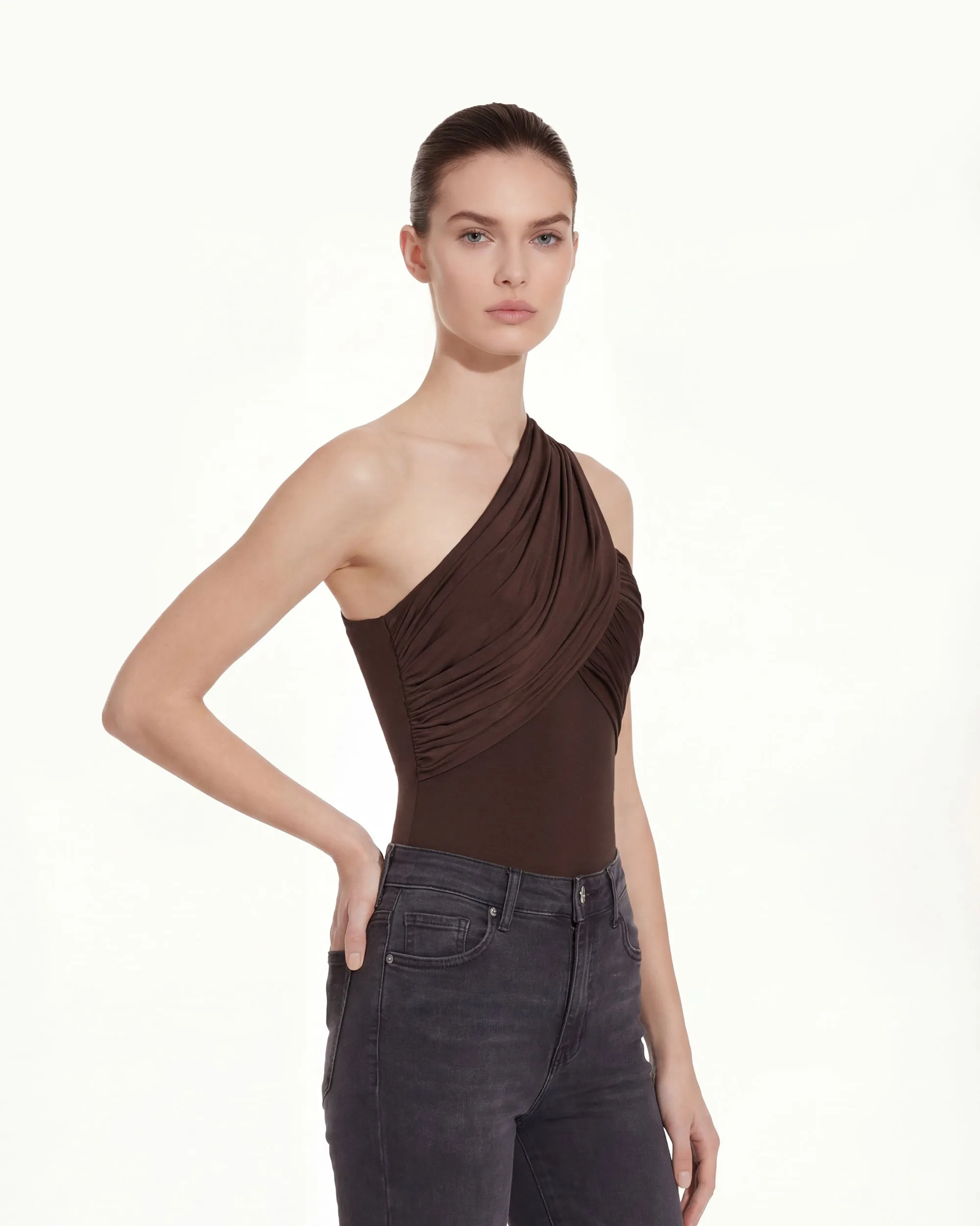 Ruched Asymmetric One-Shoulder Top - Brown sold by JW PEI product image thumbnail 3