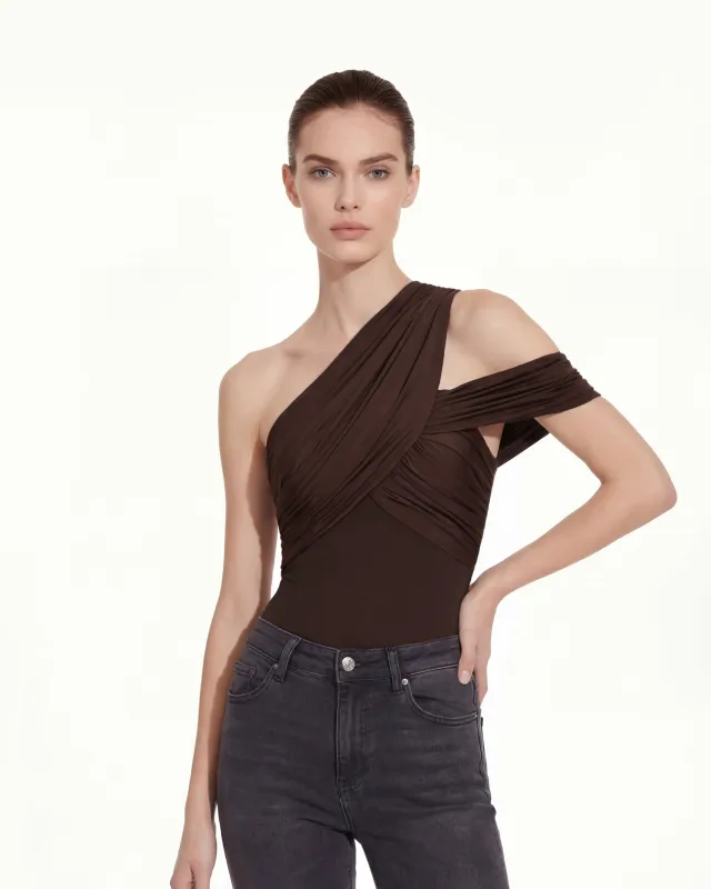 Ruched Asymmetric One-Shoulder Top - Brown sold by JW PEI