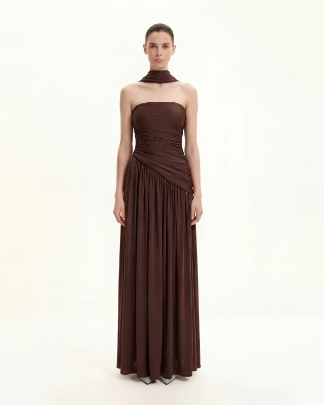 Ruched Panel Strapless Maxi Dress - Brown sold by JW PEI