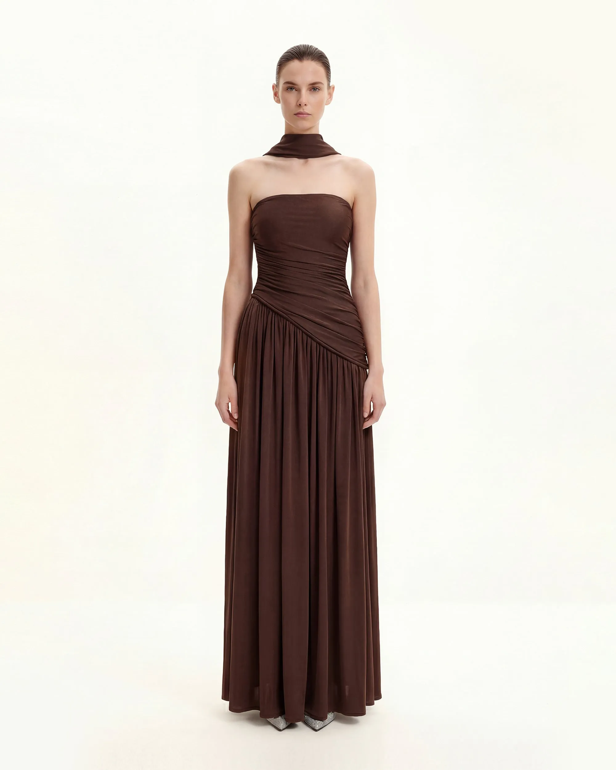 Ruched Panel Strapless Maxi Dress - Brown sold by JW PEI