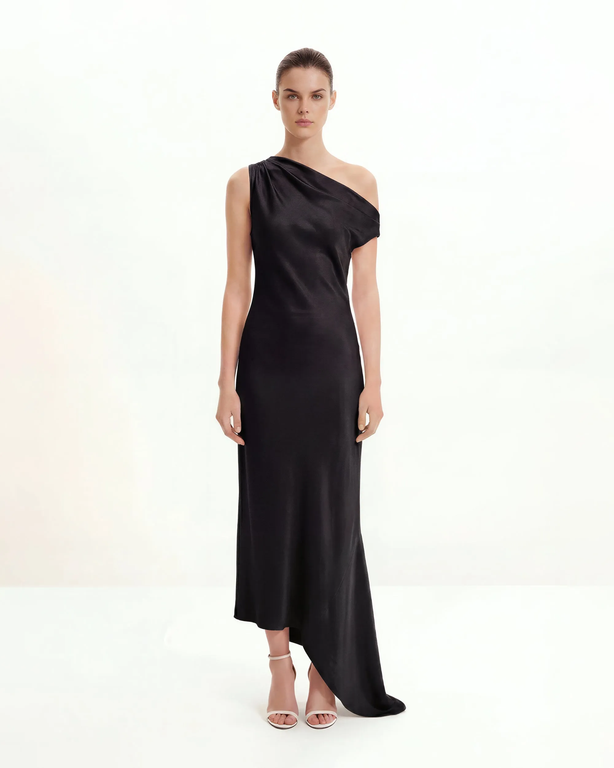 Satin Draped One-Shoulder Asymmetric Dress - Black sold by JW PEI