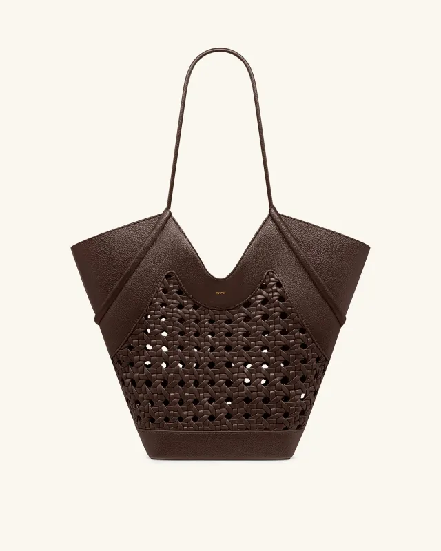 Maribel Woven Panel Tote Bag - Dark Brown sold by JW PEI
