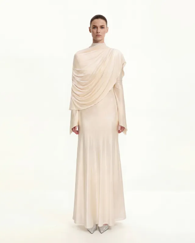 Sheer Shawl Ruched Bodycon Maxi Gown - Cream sold by JW PEI