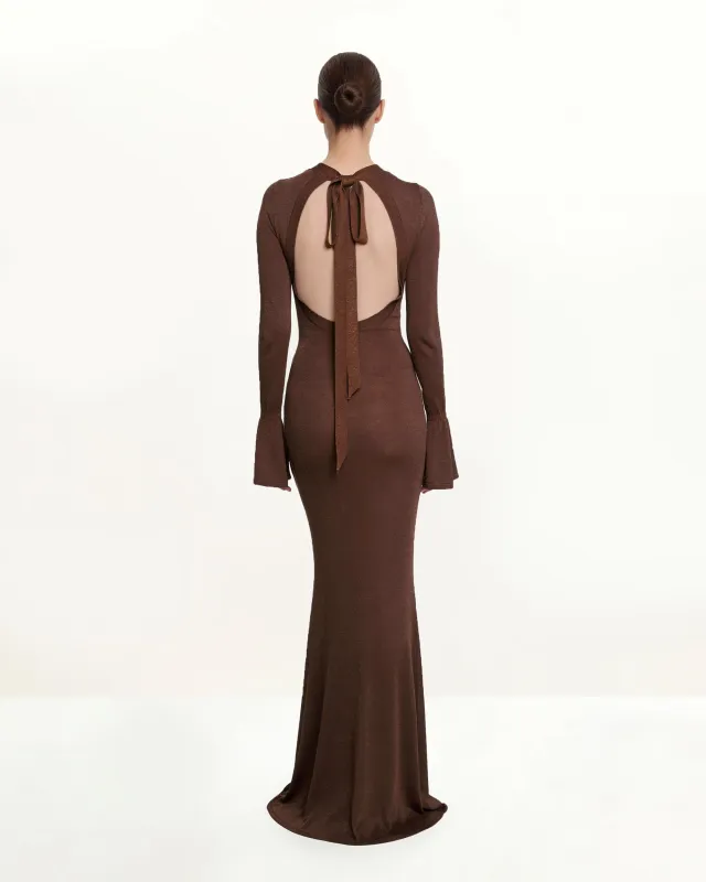 Open-Back Tie-Neck Knitted Maxi Dress - Chocolate sold by JW PEI