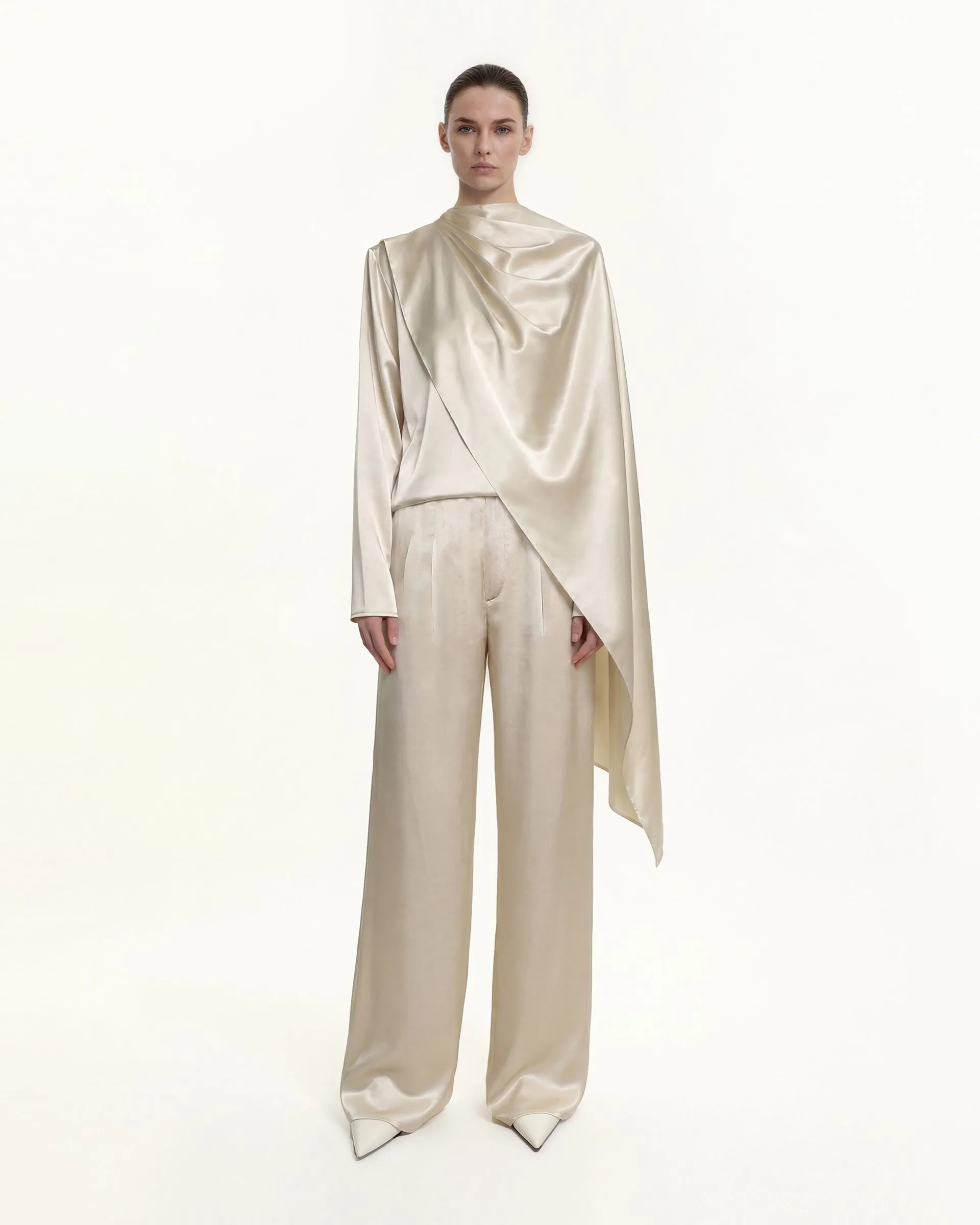 Asymmetric Drape High-Neck Cape Top - Cream sold by JW PEI