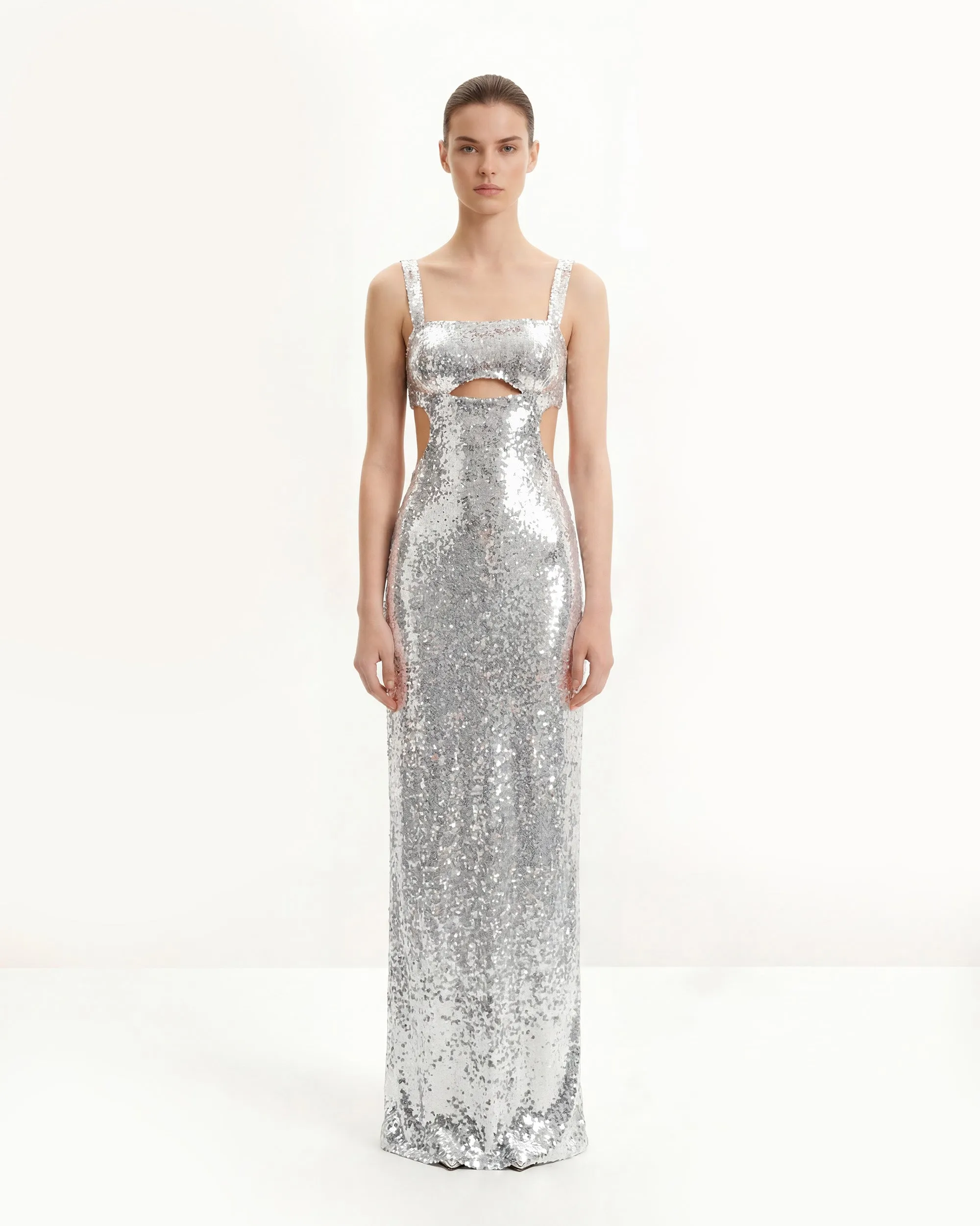 Structured Sequin Cutout Gown - Silver sold by JW PEI