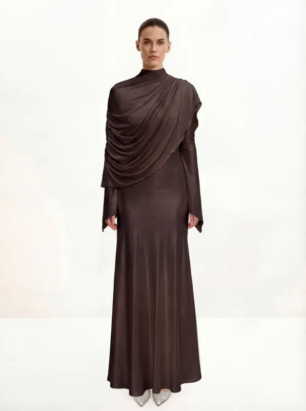 Sheer Shawl Ruched Bodycon Maxi Gown - Brown sold by JW PEI