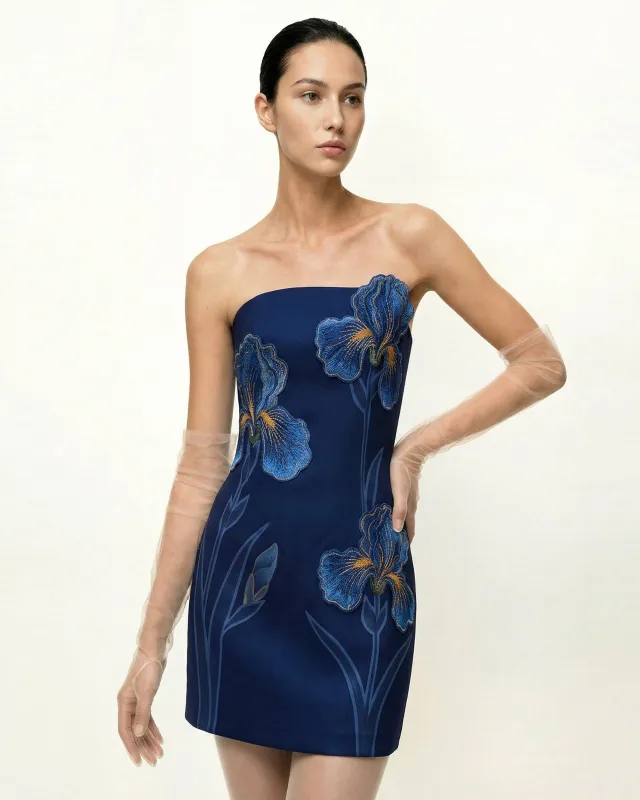 Iris Floral Print Strapless Dress – Navy blue sold by JW PEI