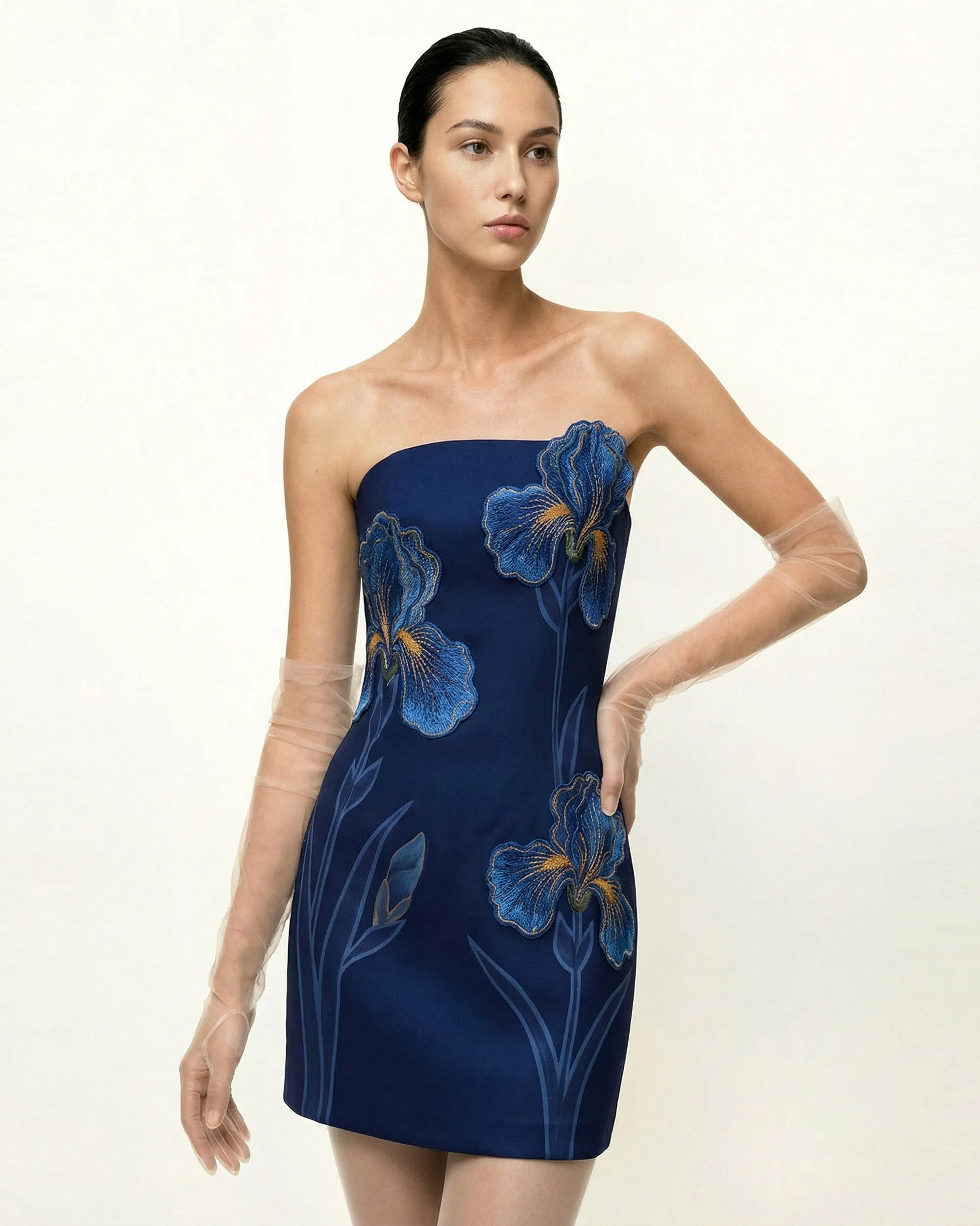 Iris Floral Print Strapless Dress – Navy blue sold by JW PEI