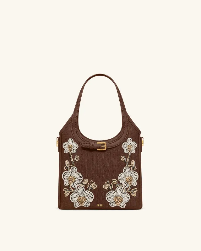 Brooke Mini Belted Embellished Orchid Beaded Top Handle Bag - Dark Brown sold by JW PEI