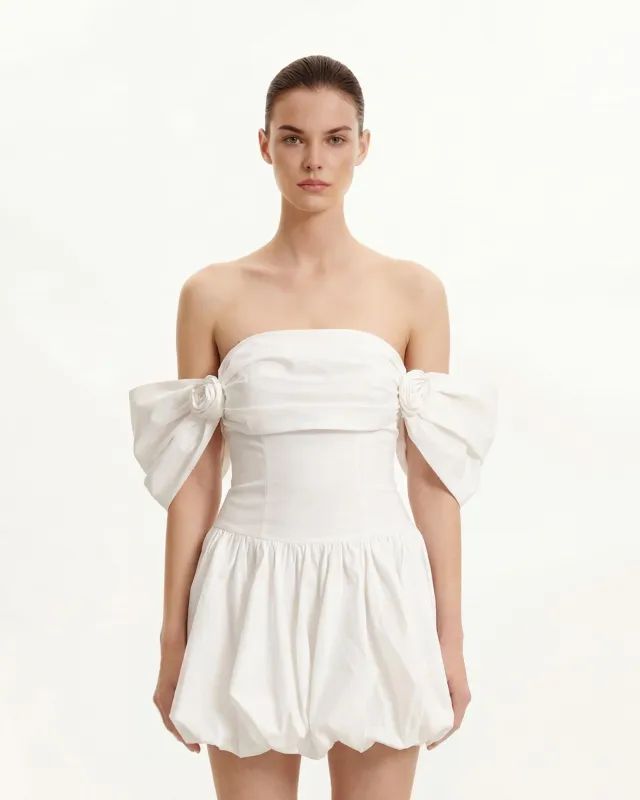 Off-Shoulder Puff Sleeve Bubble Mini Dress - White made by JW PEI