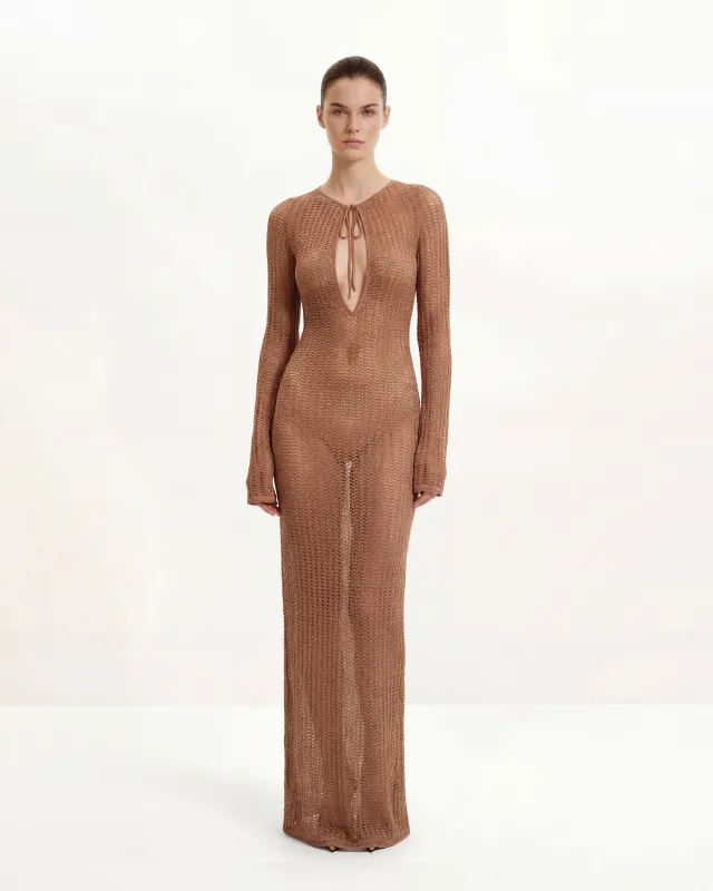 Metallic Knit Tie-Front Keyhole Maxi Dress - Brown sold by JW PEI
