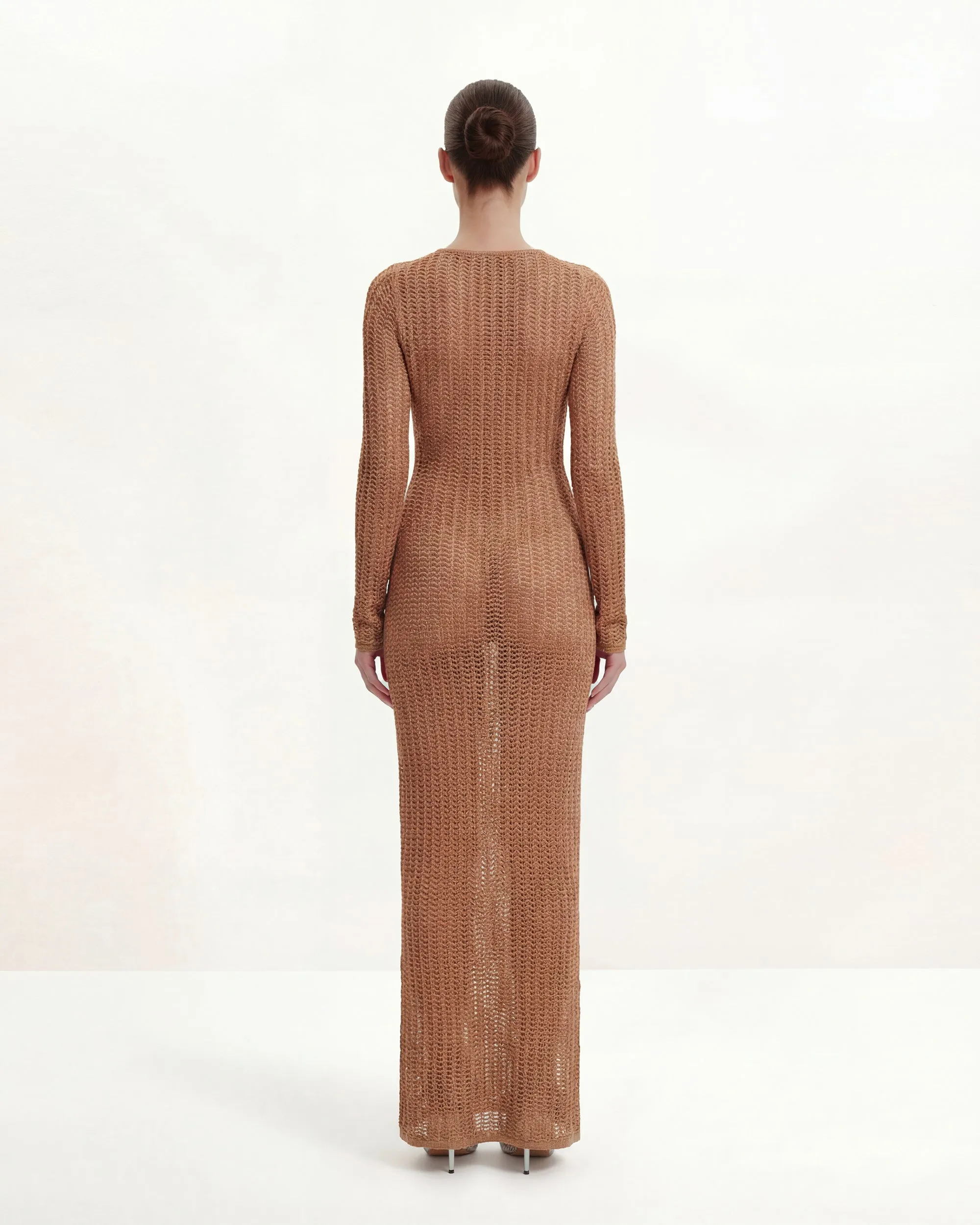 Metallic Knit Tie-Front Keyhole Maxi Dress - Brown sold by JW PEI product image thumbnail 2