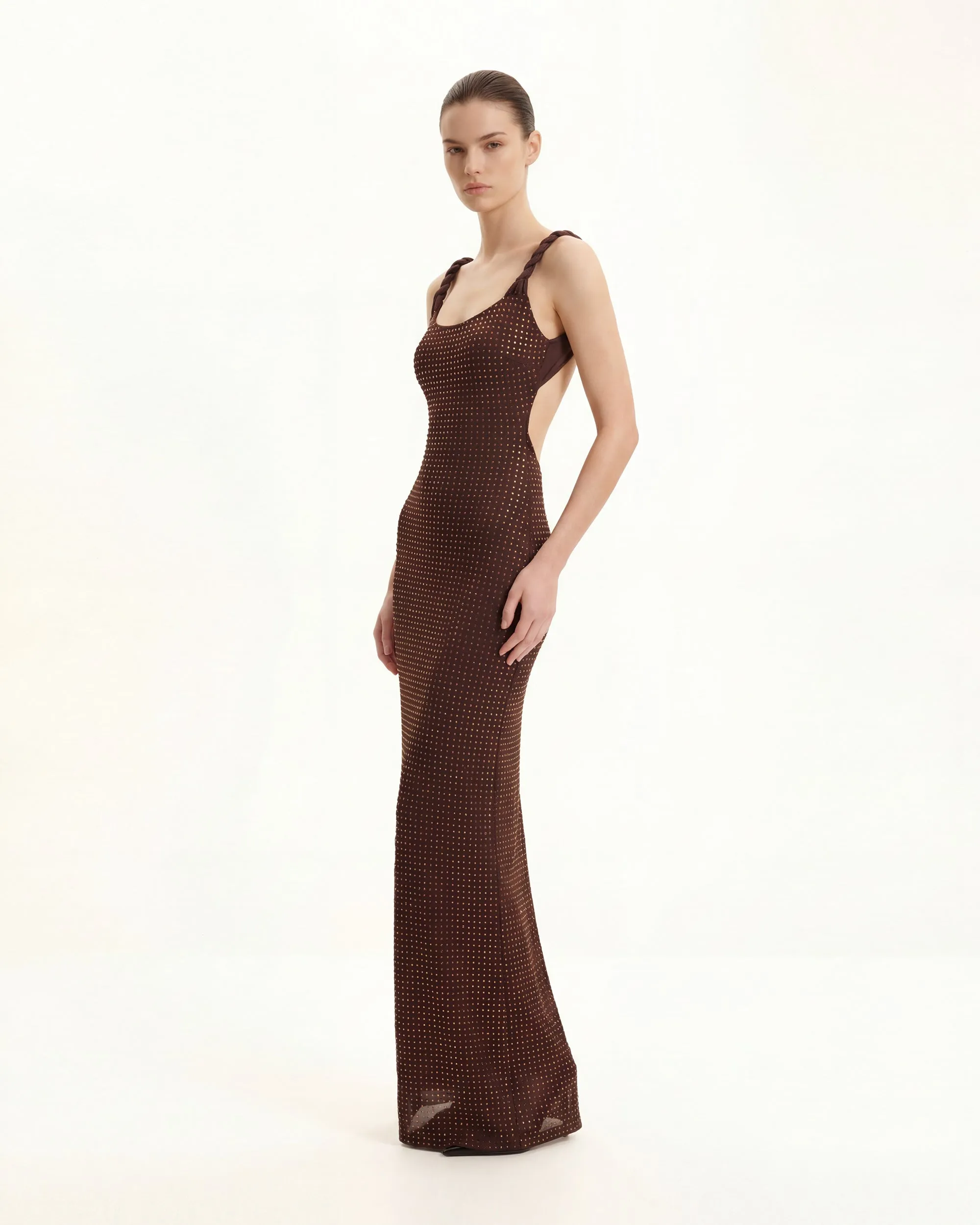 Rhinestone Twisted-Strap Open-Back Maxi Dress - Brown sold by JW PEI