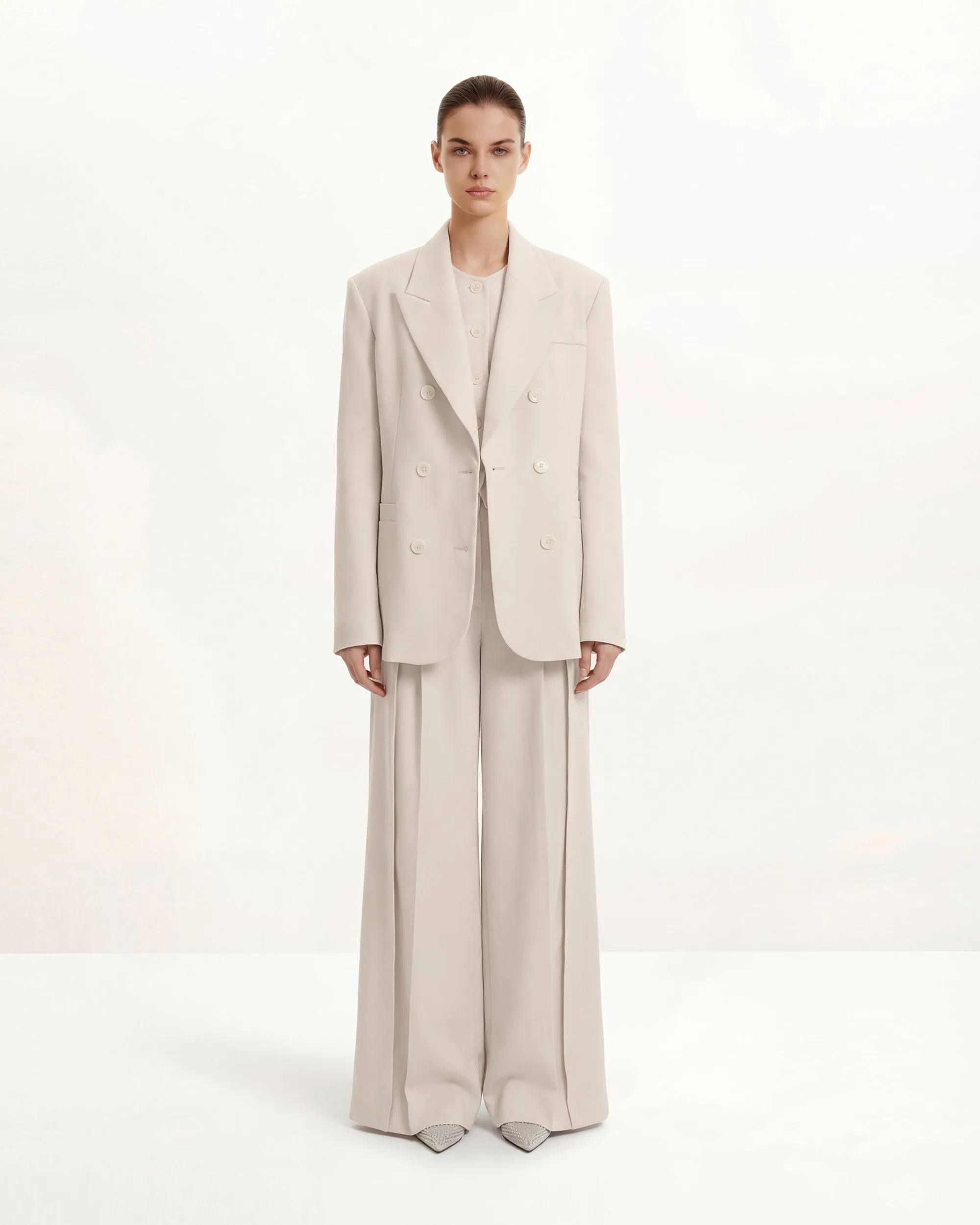 Structured Power-Shoulder Double-Breasted Blazer - Beige sold by JW PEI