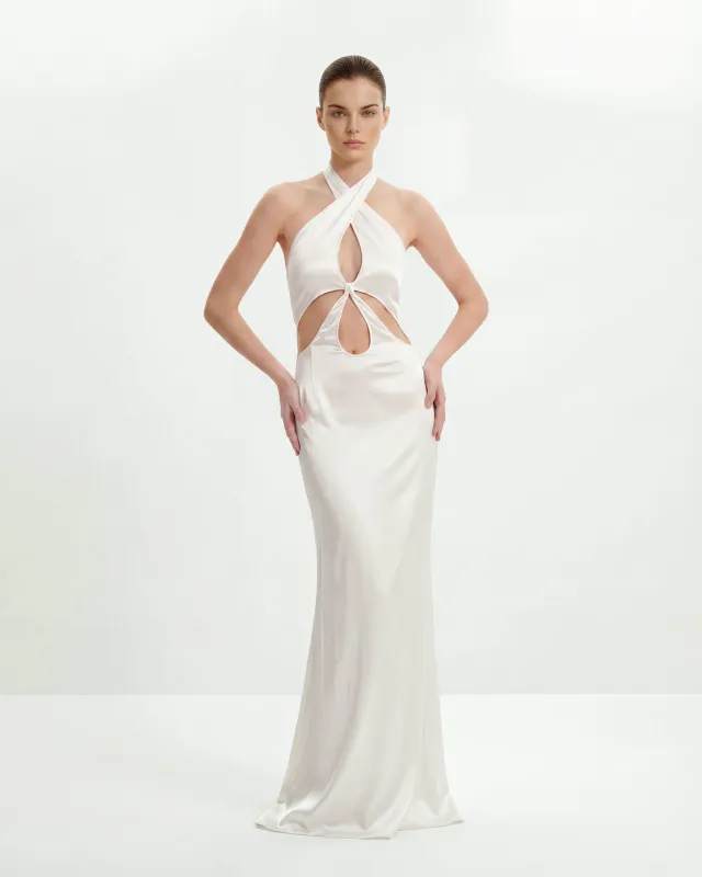 Satin Cutout Halter Maxi Dress - White sold by JW PEI