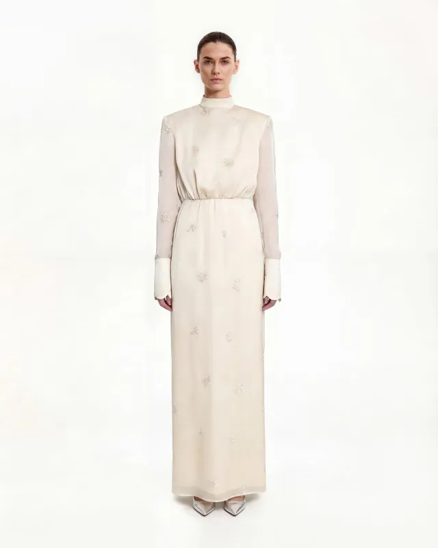 Structured Shoulder High-Neck Fitted Midi Dress - Cream sold by JW PEI