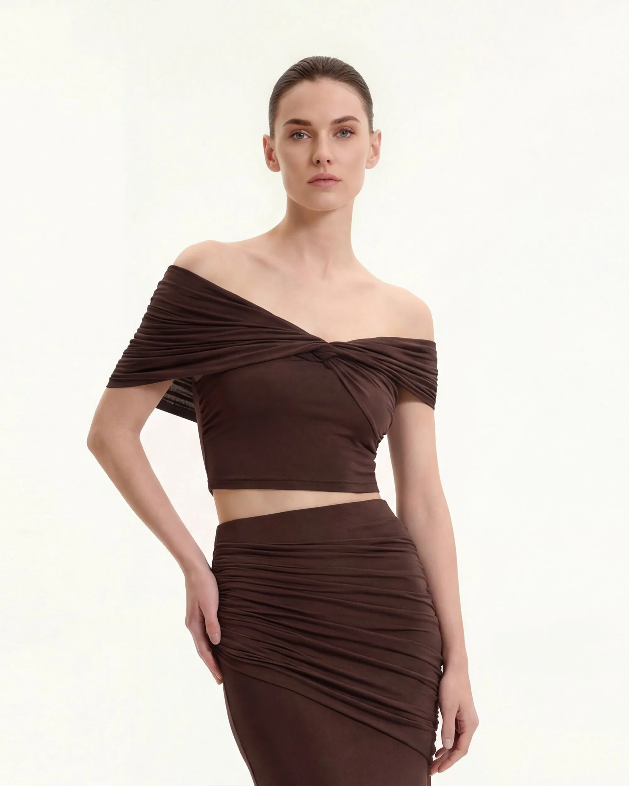 Ruched Twist Off-Shoulder Top - Brown sold by JW PEI product image thumbnail 2