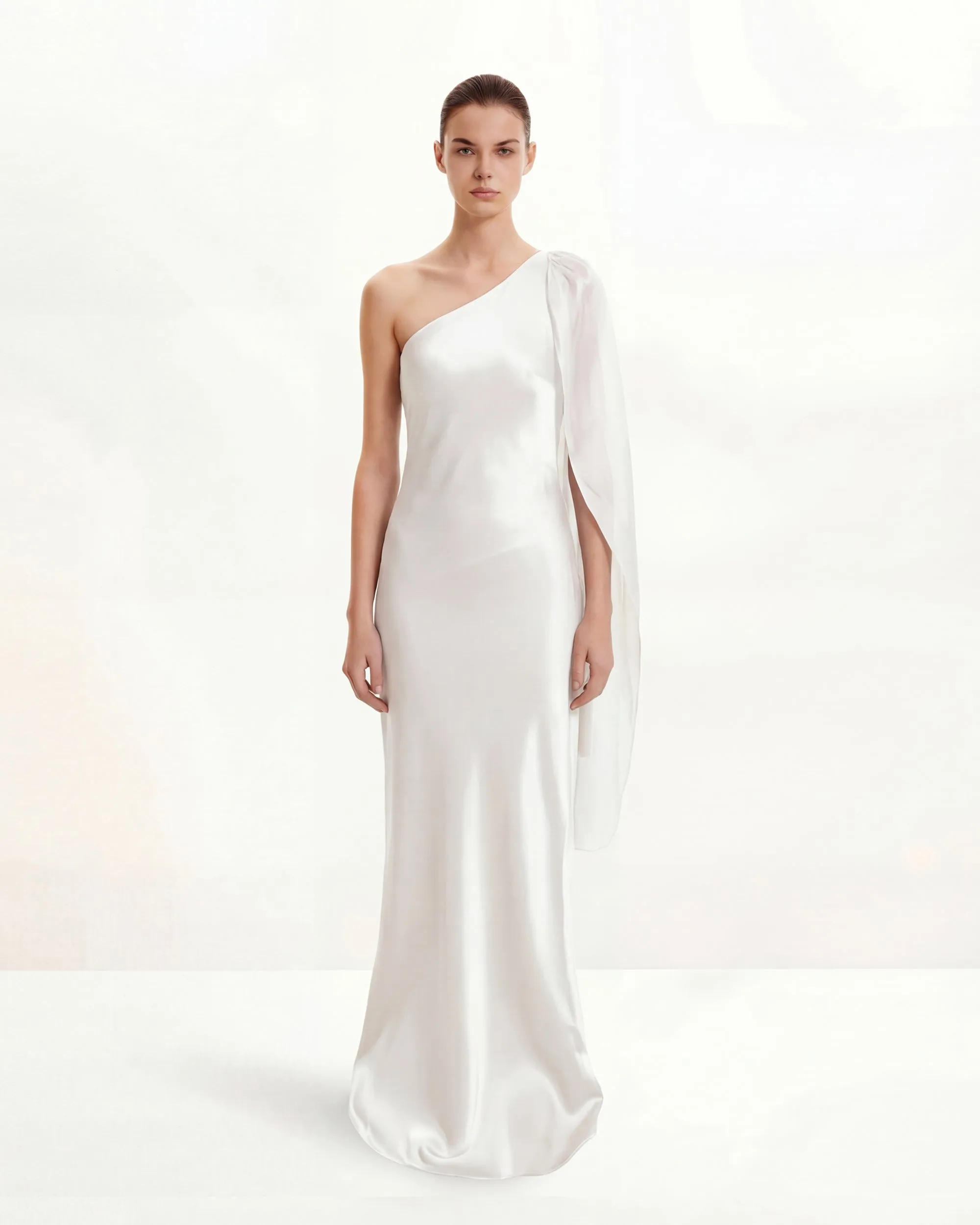 Satin One-Shoulder Dress with Organza Bow Strap – White sold by JW PEI product image thumbnail 3