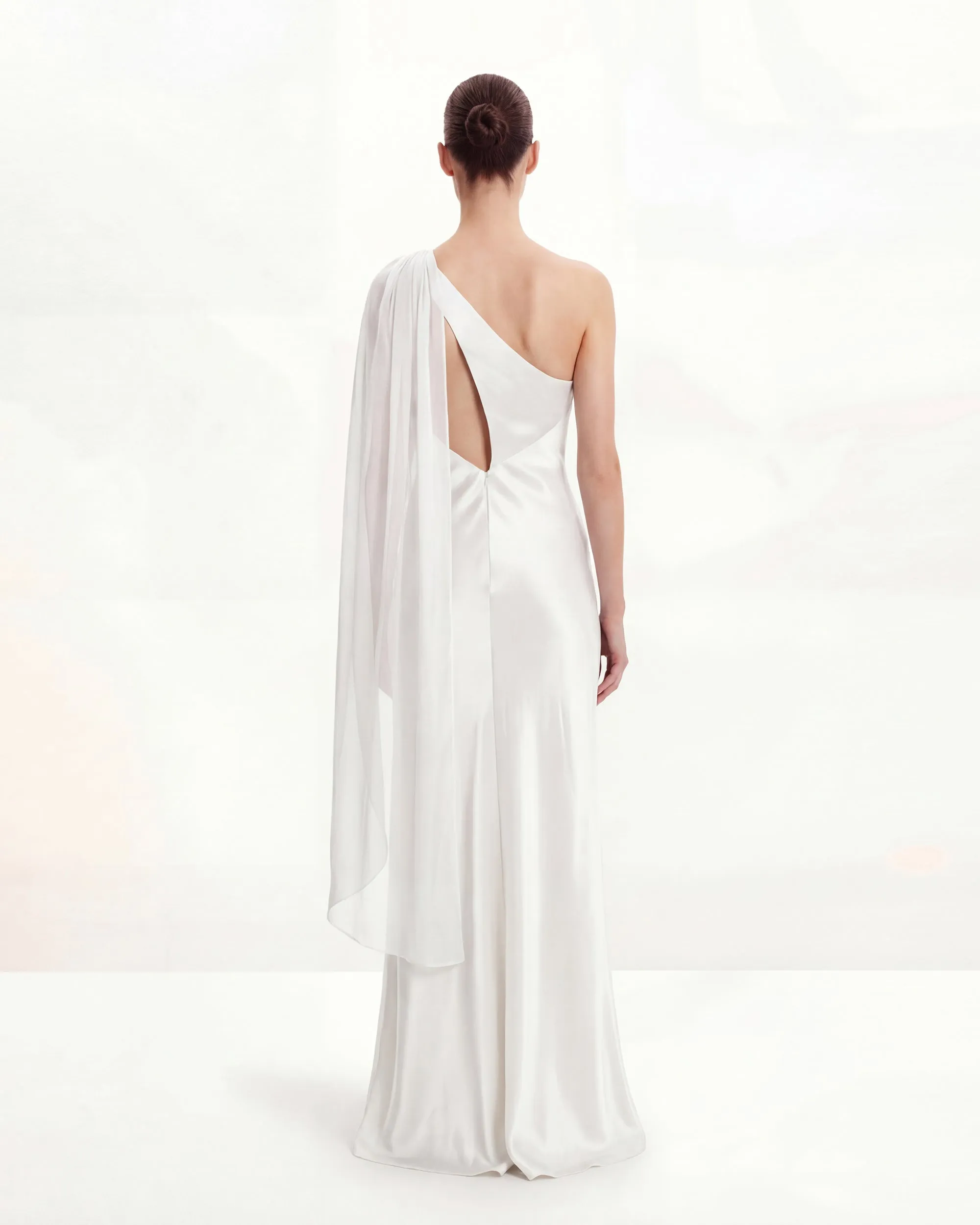 Satin One-Shoulder Dress with Organza Bow Strap – White sold by JW PEI product image thumbnail 4