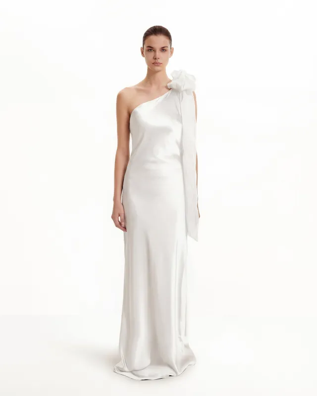 Satin One-Shoulder Dress with Organza Bow Strap – White sold by JW PEI