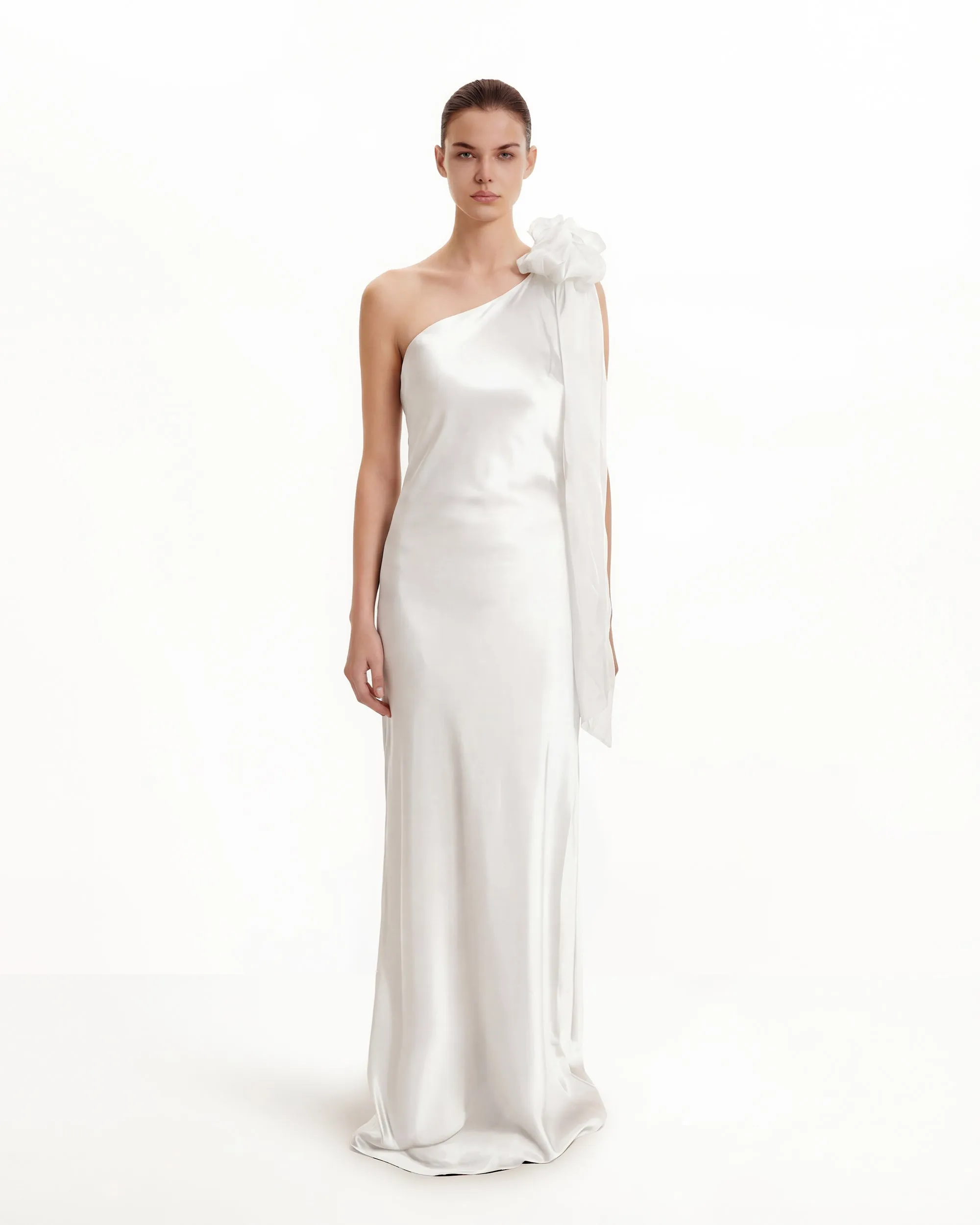 Satin One-Shoulder Dress with Organza Bow Strap – White sold by JW PEI