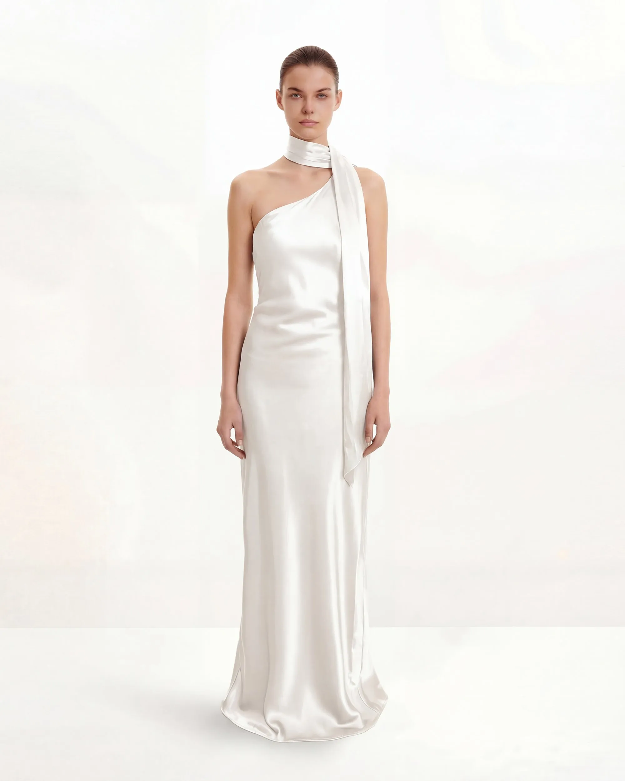 Satin One-Shoulder Dress with Organza Bow Strap – White sold by JW PEI product image thumbnail 5