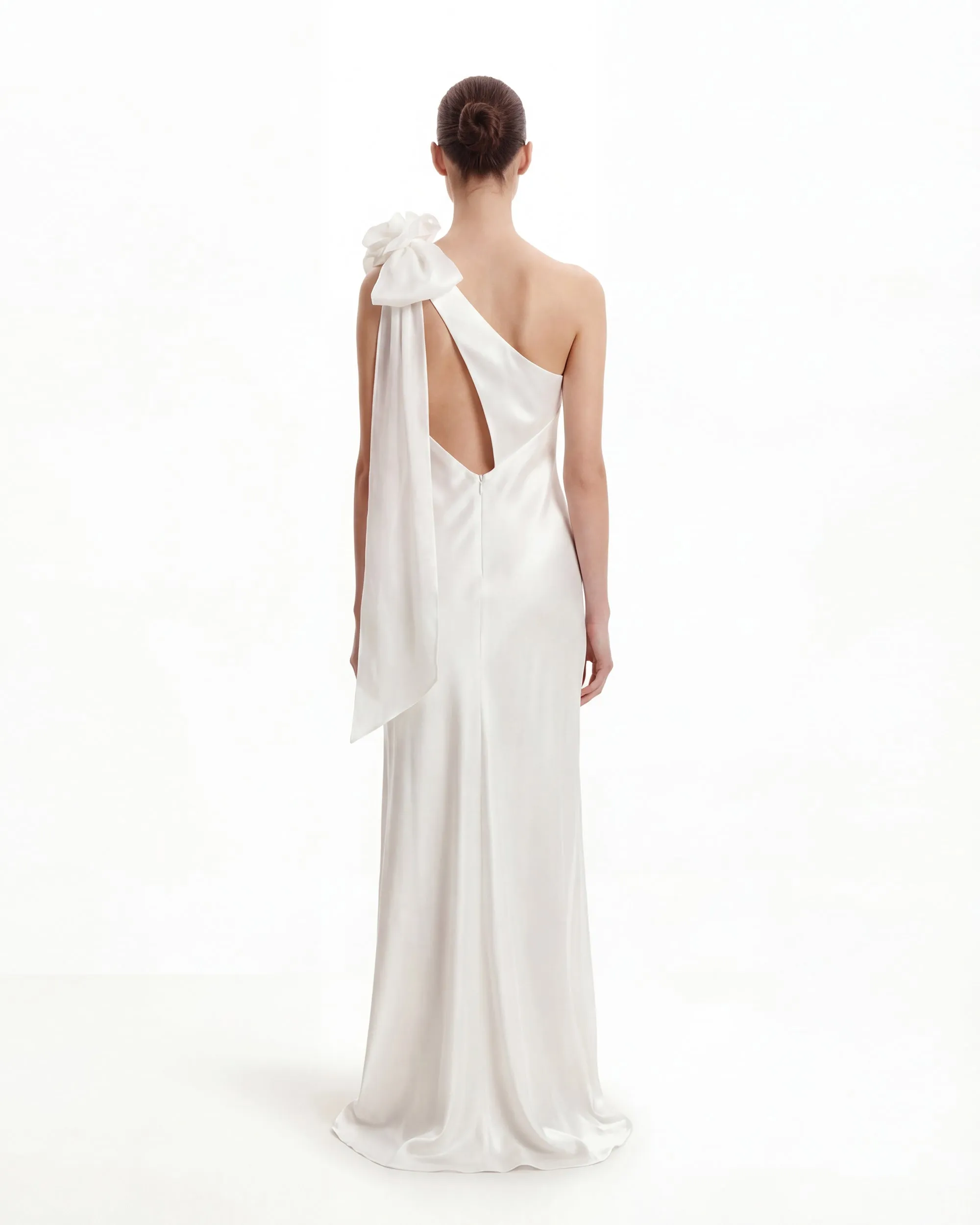 Satin One-Shoulder Dress with Organza Bow Strap – White sold by JW PEI product image thumbnail 2
